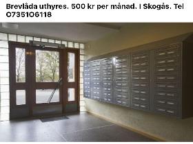 Brevlåda uthyres. 500 kr per månad. I Skogås. Tel O7351O6118