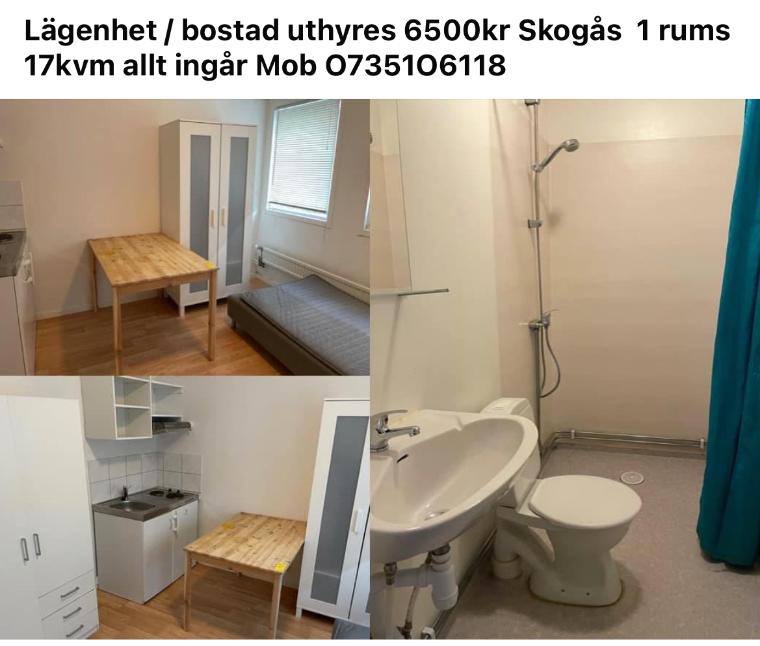Lägenhet / bostad uthyres 6500kr Skogås  1 rums 17kvm allt ingår Mob O7351O6118