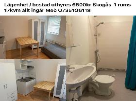 Lägenhet / bostad uthyres 6500kr Skogås  1 rums 17kvm allt ingår Mob O7351O6118